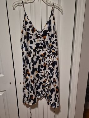 Spaghetti Strap Mini Dress in White with Navy & Mustard Print